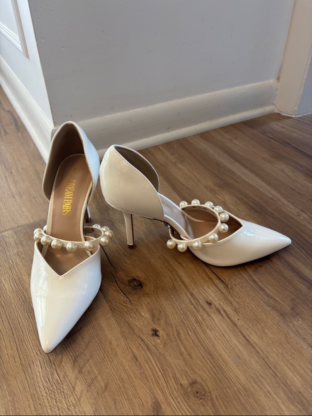 White Patent Pearl-Embellished Pointed Stiletto Pumps